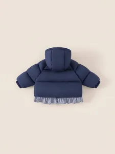 Navy blue hooded puffer coat for girls with checkered ruffle hem and warm padding