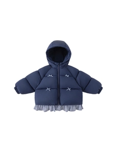 Navy blue girls hooded winter coat with light blue bows and plaid patchwork hem detail
