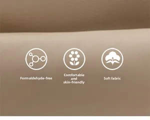 Close-up of soft brown quilted fabric texture with skin-friendly and formaldehyde-free icons