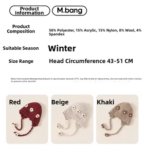 Winter infant knitted earflap hat features 3D crochet flowers and wool blend material