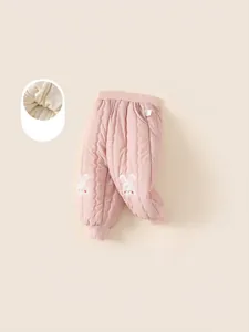 Pantalon thermique matelassé rose pour fille avec doublure polaire et broderie lapin