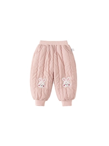 Pantalon thermique rose matelassé pour fille avec broderie lapin et bords-côtes