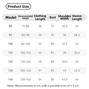 Detailed size chart for children cotton coat including height, length, bust and sleeve