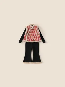 Pink traditional Chinese girl's vest set with faux fur trim and black flared trousers