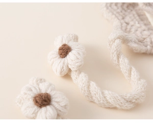 Detail of hand-crocheted floral pattern on kids winter hat with soft wool texture