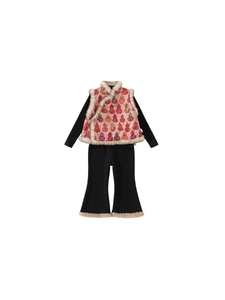 Girls' pink floral plush vest with black fleece-lined pants three-piece Chinese New Year outfit