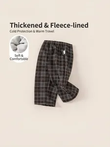 Pantalon droit pour enfant à carreaux marron foncé avec doublure en polaire épaisse