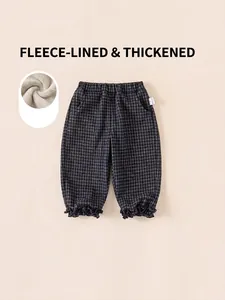 Pantalon de Jogging Décontracté à Carreaux Doublé de Polaire pour Filles Enfants Pantalon Chaud Épais à Taille Élastique et Ourlet à Volants
