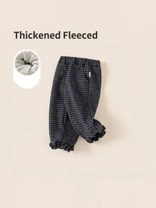 Pantalon d'hiver épais à carreaux gris pour fille avec doublure polaire et bords volantés