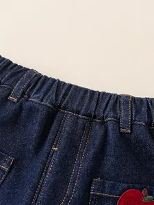 Kids warm dark blue jeans with elastic waist and cute red apple embroidery