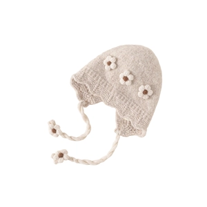 Winter knitted earflap hat for girls featuring 3D floral accents and warm chin straps
