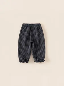 Pantalon de jogging épais à carreaux pour enfants avec taille élastique et volants