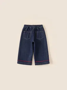 Kids warm dark blue straight-leg denim jeans with elastic waist and red wave stitching