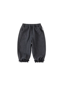 Pantalon jogger à carreaux pour enfant avec taille élastique et revers à volants gris