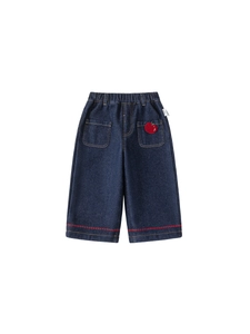 Kids navy blue wide-leg jeans with elastic waist and cute red apple embroidery
