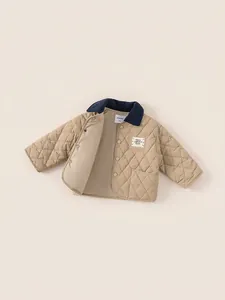 Quilted warm winter jacket for kids with contrast corduroy collar and button closure