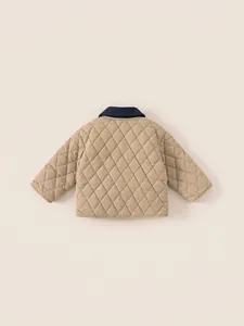 Kids quilted khaki jacket with contrast navy collar and classic diamond stitching back view