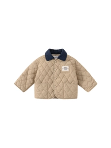 Kids quilted jacket in khaki with contrast navy collar and diamond stitch patterns