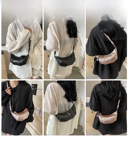 Vues détaillées du sac croissant avec bandoulière nouée et finition en similicuir plissé
