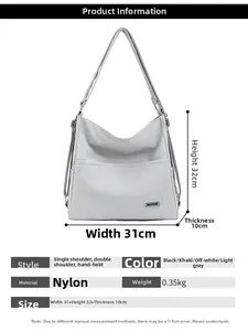 Detailed view of light gray nylon tote bag dimensions with multi-way carry options