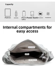 Interior layout of large grey tote bag showing main pocket, slots and iPad mini capacity