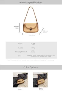 Détails du sac en paille tressée montrant les dimensions et les bords renforcés en cuir PU