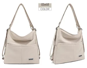 Dual view of khaki minimalist large tote bag with adjustable shoulder strap and pockets