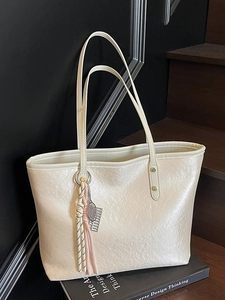 Women Large Capacity PU Leather Tote Bag Minimalist Solid Color Pleated Shoulder Bag With Tennis Racket Woven Charm For Daily Work