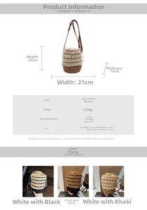 Detailed size chart and specifications for the woven bohemian crossbody bucket bag