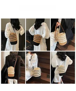 Detailed views of Bohemian hand-woven bucket bag with drawstring closure and striped patterns