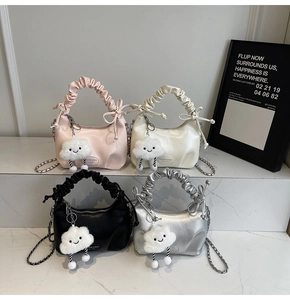 Ruched handle handbags in pink, white, black and silver with plush cloud charms and chain