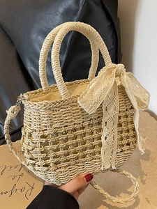 Sac à main en paille de style français avec nœud en dentelle et chaîne dorée