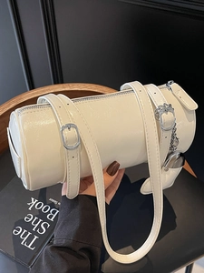 French Chic Minimalist Oil Wax PU Leather Handheld Cylinder Bag Heart Pendant Underarm Shoulder Pillow Bag For Women
