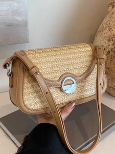 Petit Sac à Bandoulière Minimaliste en Paille Tissée pour Femmes avec Bordure en Cuir PU Sac à Main Carré Vacances d'Été Plage
