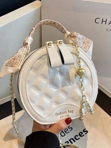Quilted Round Crossbody Bag For Women PU Leather Fashion Circular Top Handle Purse With Chain Strap Satin Scarf Decor