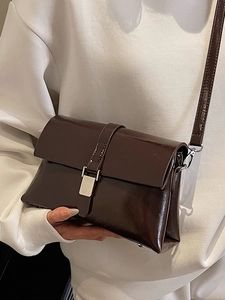 Minimalist dark brown oil wax leather shoulder bag for women with silver square buckle