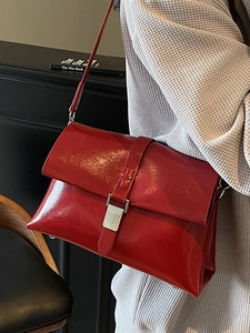 Minimalist glossy red oil wax leather shoulder bag for women with silver metal buckle