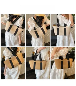 Vistas detalladas de un bolso tote de paja con correas negras y textura tejida