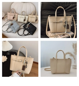 Detail showing high-quality lychee texture leather and stylish buckle design on bags
