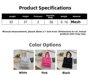 Tableau des tailles pour sac cabas en maille avec dimensions et options blanc, rose et noir