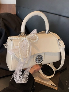 Elegant PU Leather Square Crossbody Bag Women Vintage Sweet Handbag With Lace Artificial Pearl Bow Knot Fashion Shoulder Bag