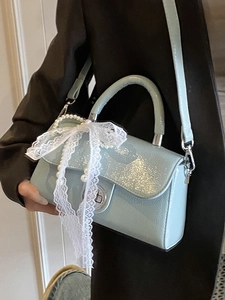 Minimalist light blue PU leather handbag with elegant lace bow and pearl chain decoration
