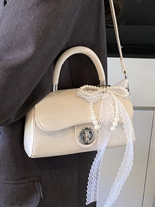 Elegant cream white PU leather handbag with lace pearl bow and metal twist lock for women
