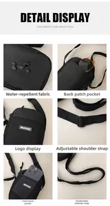 Close-up of waterproof nylon mini crossbody bag with mesh pocket and adjustable strap