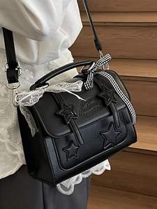 Black star patterned rectangular shoulder bag with lace bow and happiness embossing
