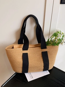 Bolso Tote de Paja Tejida de Vacaciones de Verano Para Mujer Correa de Lona Negra Bolso Canasta Gran Capacidad Playa