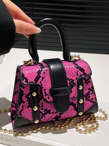 Damen Mode Mini PU Leder Schlangendruck Umhängetasche Mit Gold Nieten Trendy Kette Handtasche Chic Kleine Quadratische Tasche