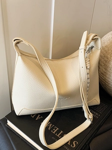 Urban Simple Women PU Leather Crossbody Tote Bag Litchi Pattern Adjustable Shoulder Strap Woven Rope Detail Zipper Handbag