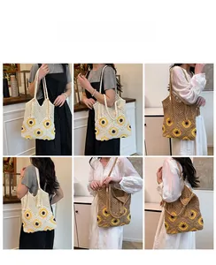 Vues détaillées de sacs fourre-tout en crochet avec tournesols en beige et kaki