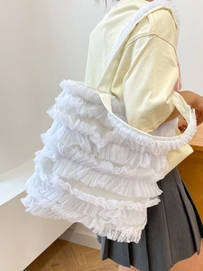 Sac fourre-tout blanc en maille multicouche avec dentelle à volants et grande capacité